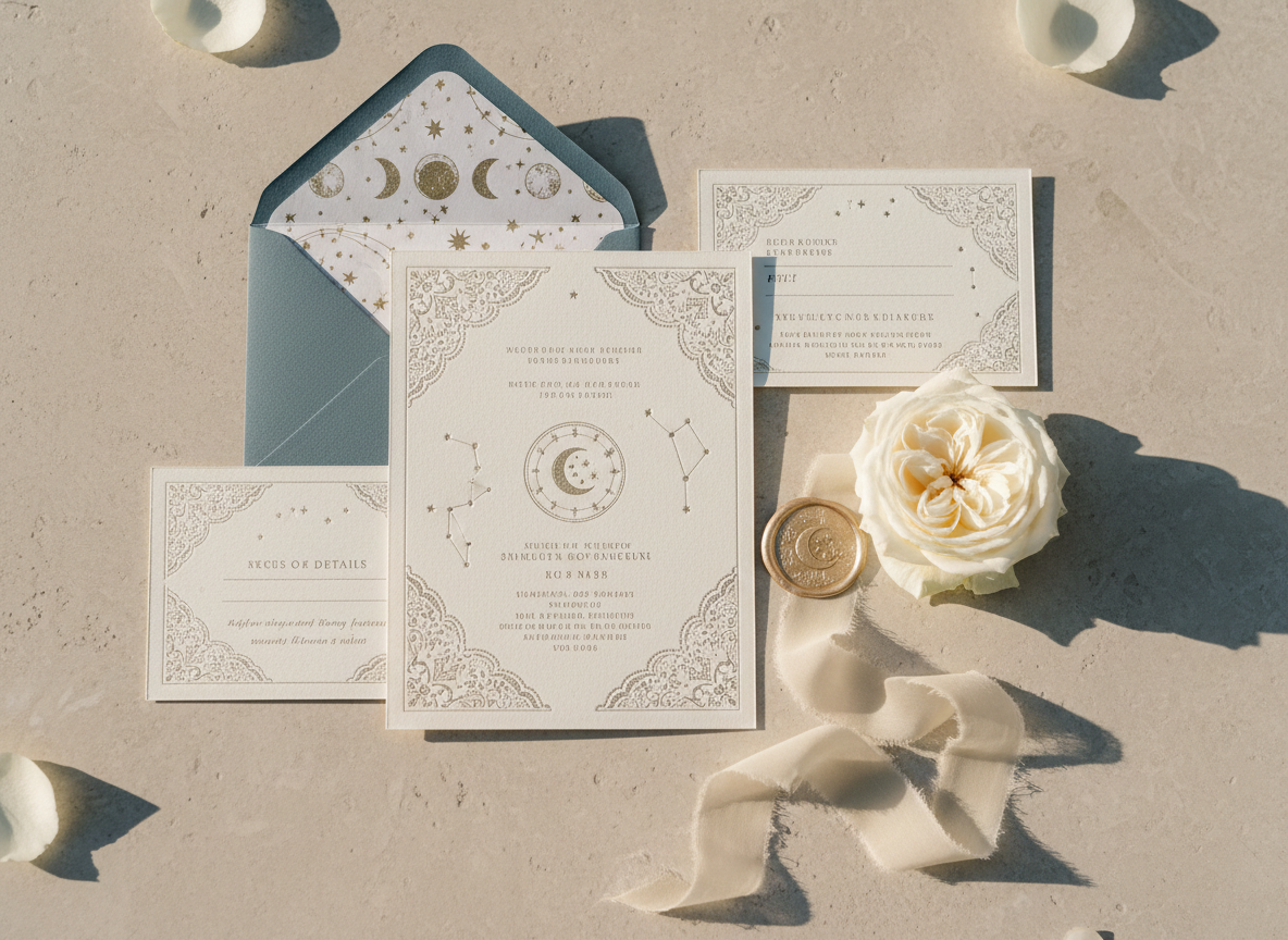 A flat-lay of an exquisitely curated wedding invitation suite spread across a pale stone tabletop, featuring thick, softly textured ivory cardstock with blind-debossed details, a subtle starlight motif in metallic champagne foil, and a delicately lined envelope in muted dusk blue. A wax seal with a celestial crest anchors the composition beside a silk ribbon and a single white garden rose. Late afternoon natural light from the side creates gentle highlights on the foil and soft, elongated shadows, adding depth. The mood is luxurious and serene, with a clean, editorial aesthetic. Photographic realism, shot from directly above with a shallow depth of field that keeps the stationery in crisp focus while the edges fall into a soft blur.